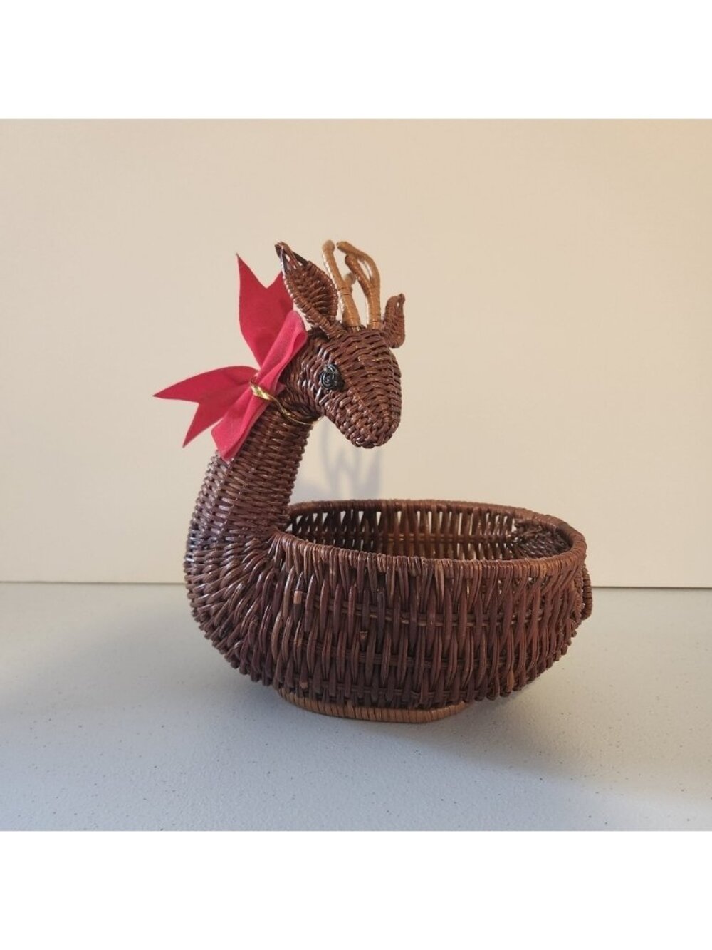 Vintage Rattan Wicker Reindeer Shape Deer Christmas Trinket Basket 90s 1990s